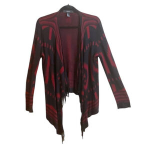 Forever 21 Cardigan Women’s Size S Red Black Aztec Open Draped Fringe